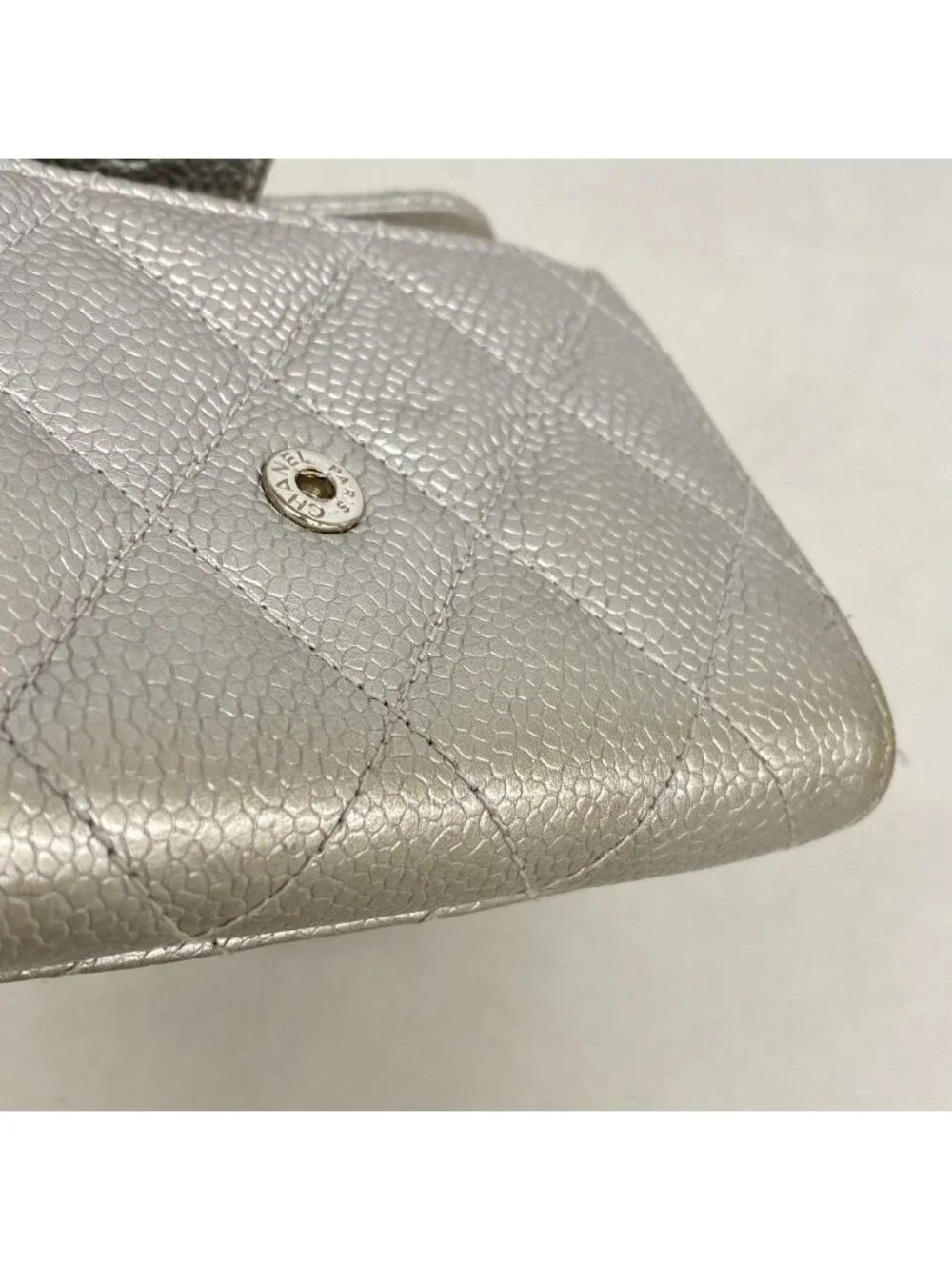 Chanel Card Case Quilted Caviar Leather Silver