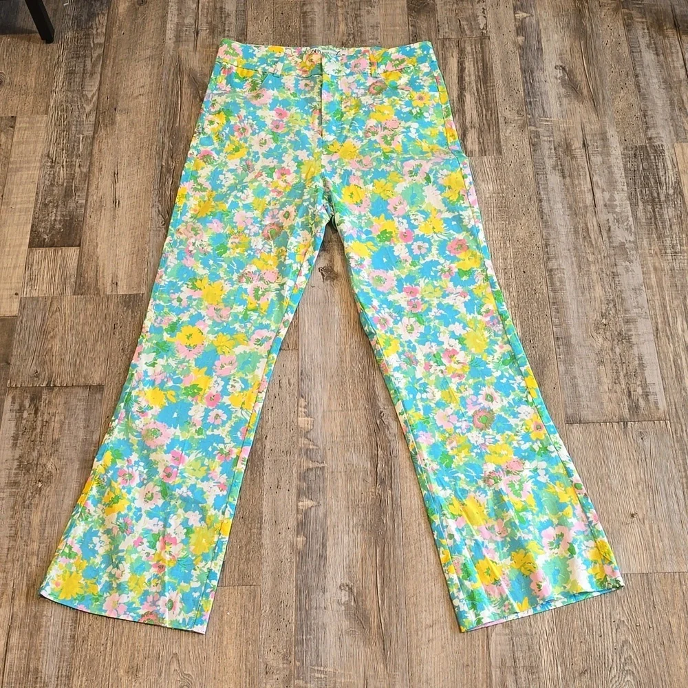 ZARA| Floral Printed‎ Linen Blend| Flare Trousers| Size 4​