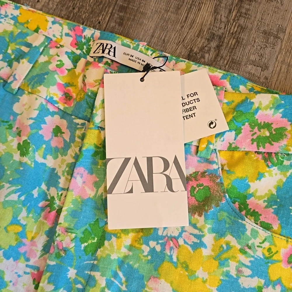 ZARA| Floral Printed‎ Linen Blend| Flare Trousers| Size 4​