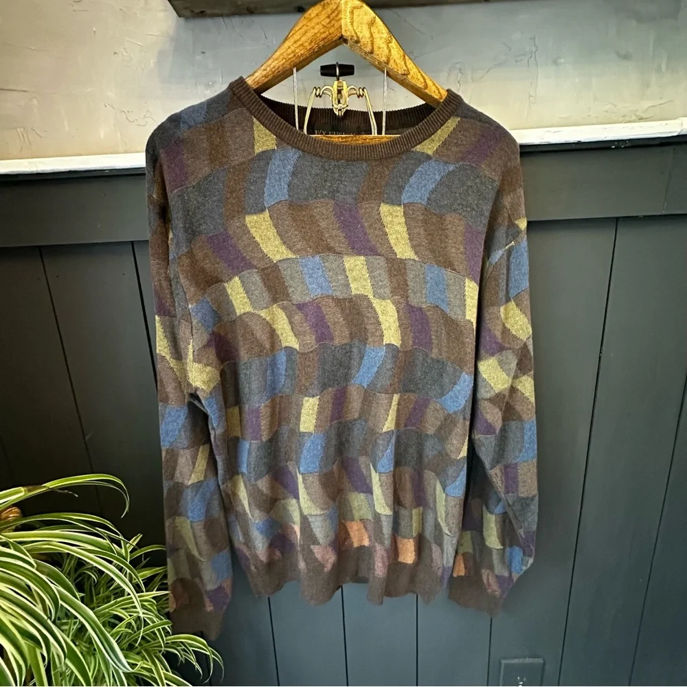 FX Fusion Mens Size XL‎ Multicolor Tan Sweater Round Neck Long Sleeve Bold