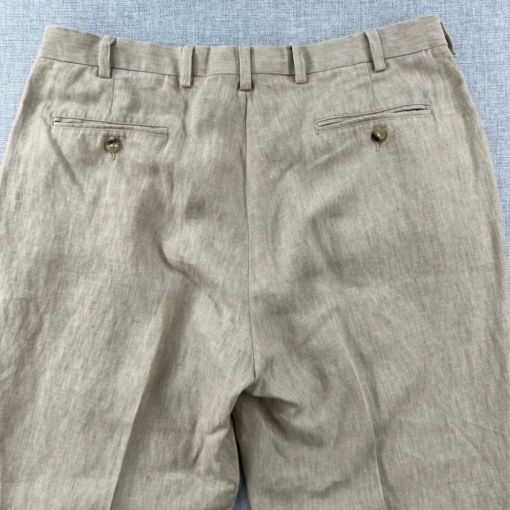 Jos A Bank Travelers Collection Mens 38x30 Beige 100% Linen Pleated Pants Cuffed