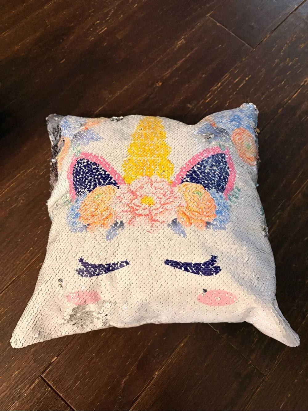 Sequin Unicorn Pillow with Pastel Floral Horne