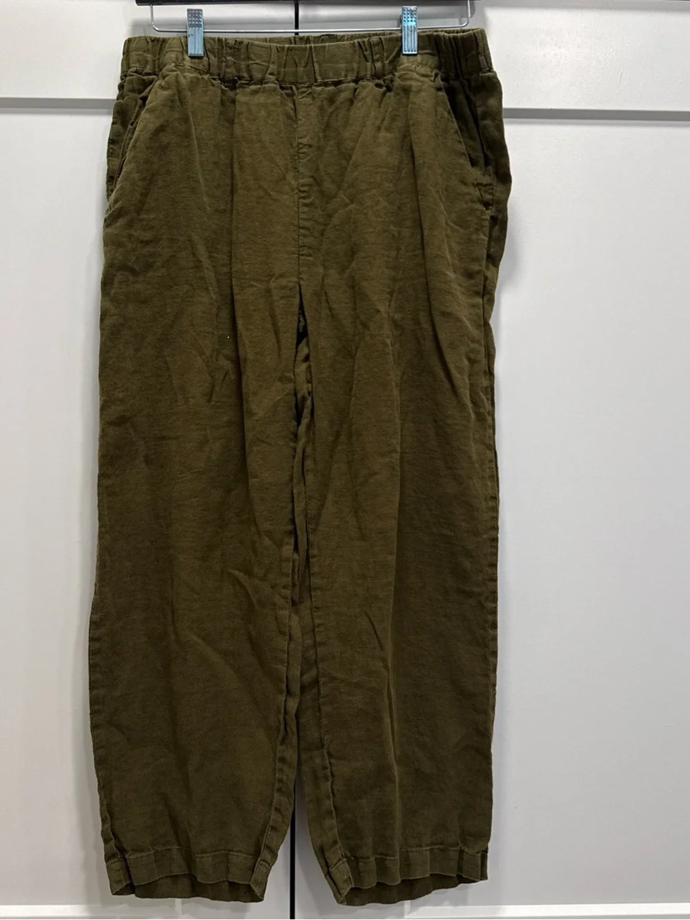 Quince Olive Cropped tapered Leg Linen-Blend Pants large