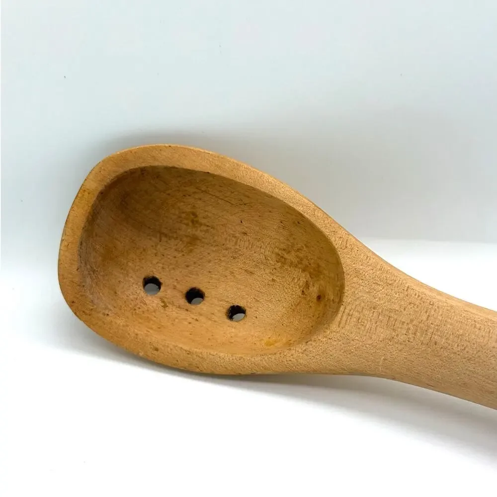 VTG Hand Carved Wooden Slotted Spoon 16” Long Handled Rustic Primitive Farmhouse