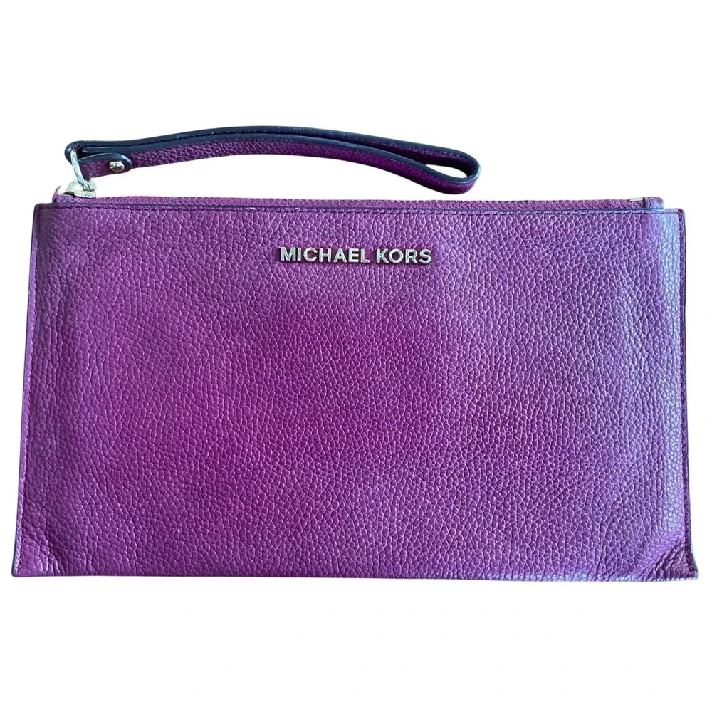 Michael Kors Adele Large Flat Wristlet Purple Pebbled Leather Clutch Bag