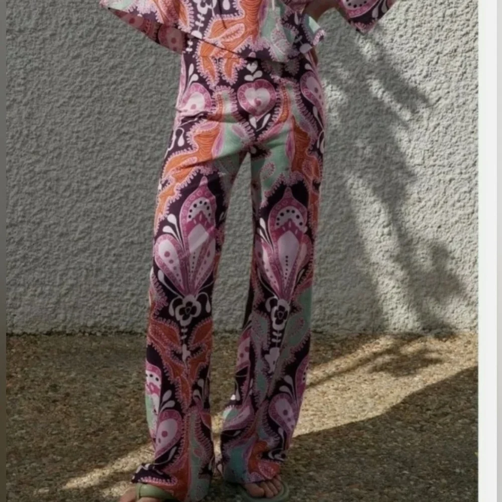 Zara Floral Print Linen Cotton Flare High Waist Trouser pants long tall