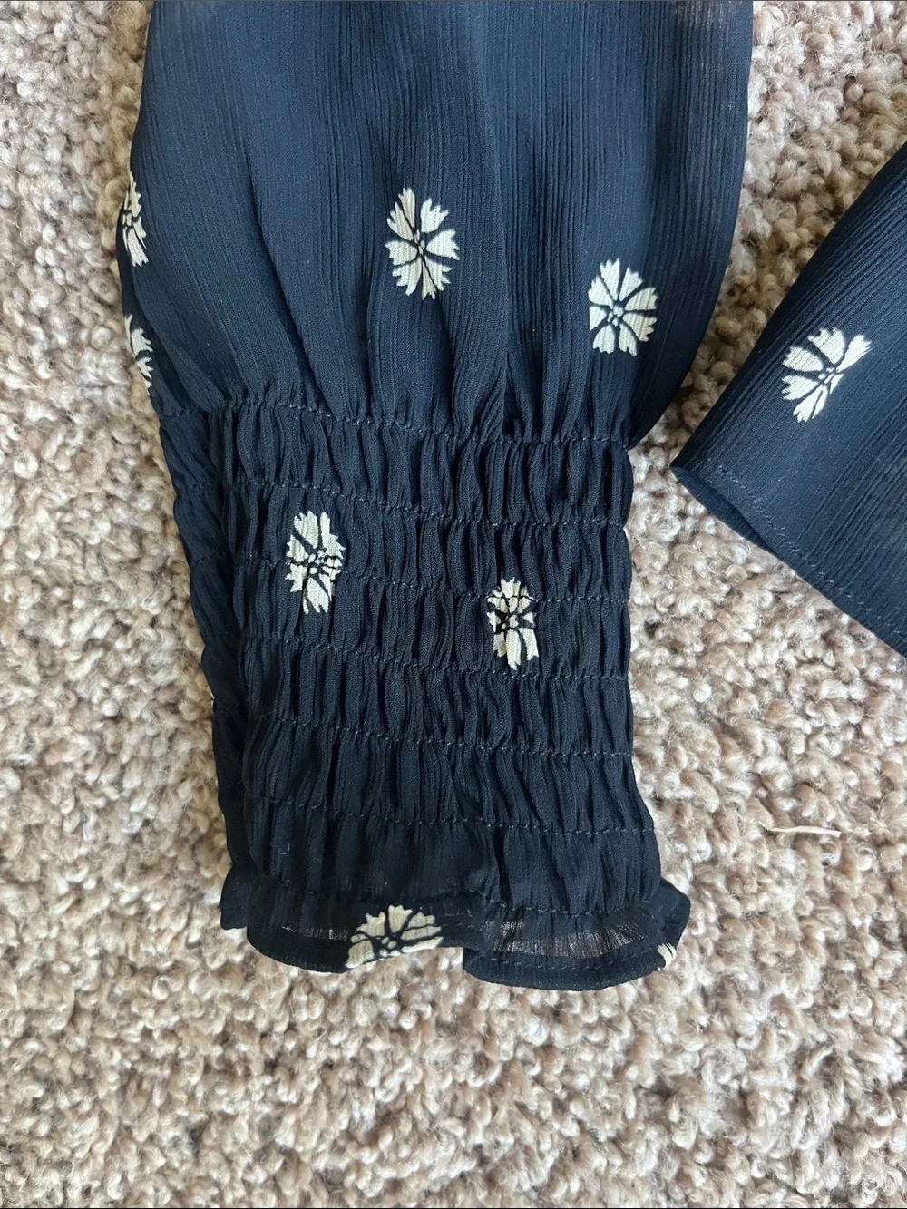 Madewell Black Floral Smocked Peplum Long-Sleeve Top