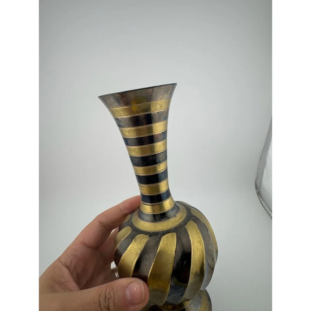 Vintage Brass Vase with Black Stripes‎ Made in India Home Decor Bud Vase