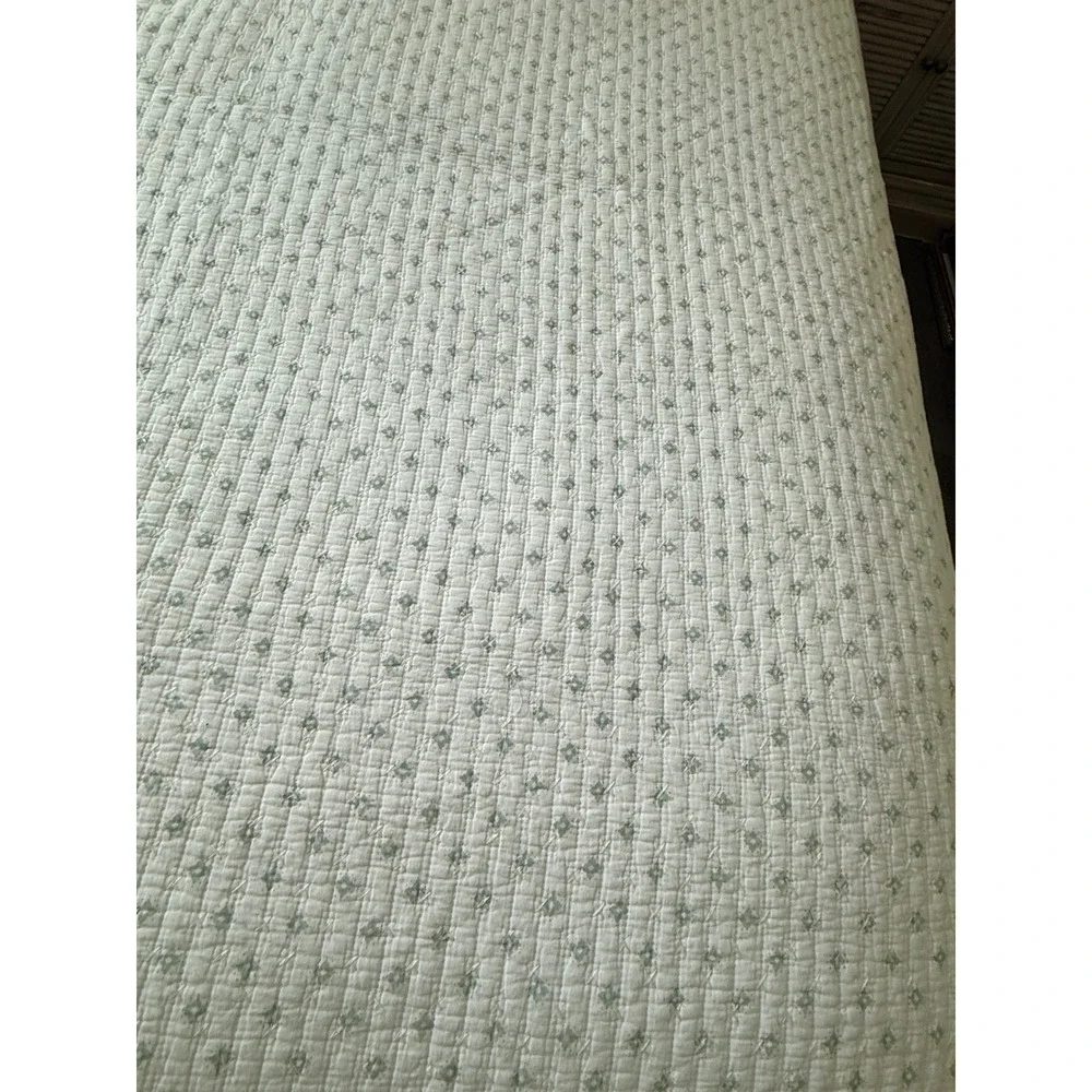 Boho Quilted King Bedding Set White Sage Green Pom Pom Trim Quilt 2 Shams