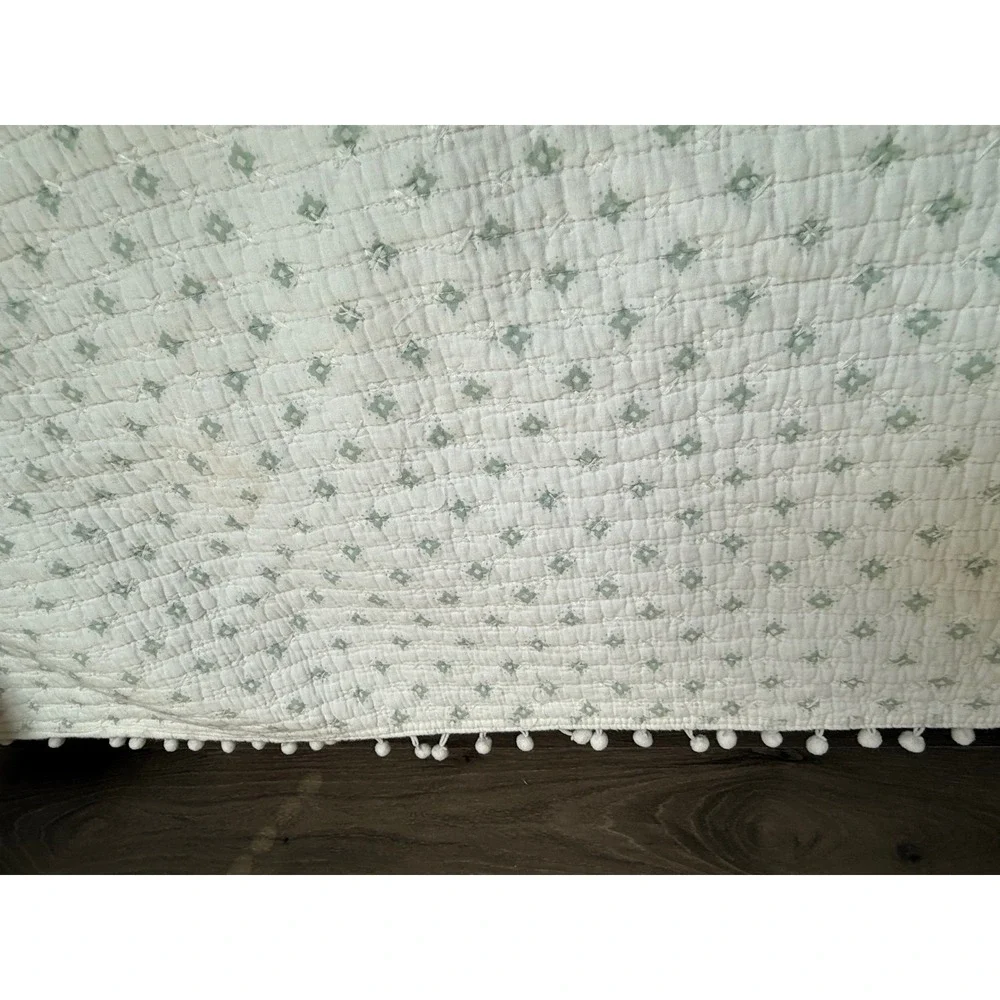 Boho Quilted King Bedding Set White Sage Green Pom Pom Trim Quilt 2 Shams