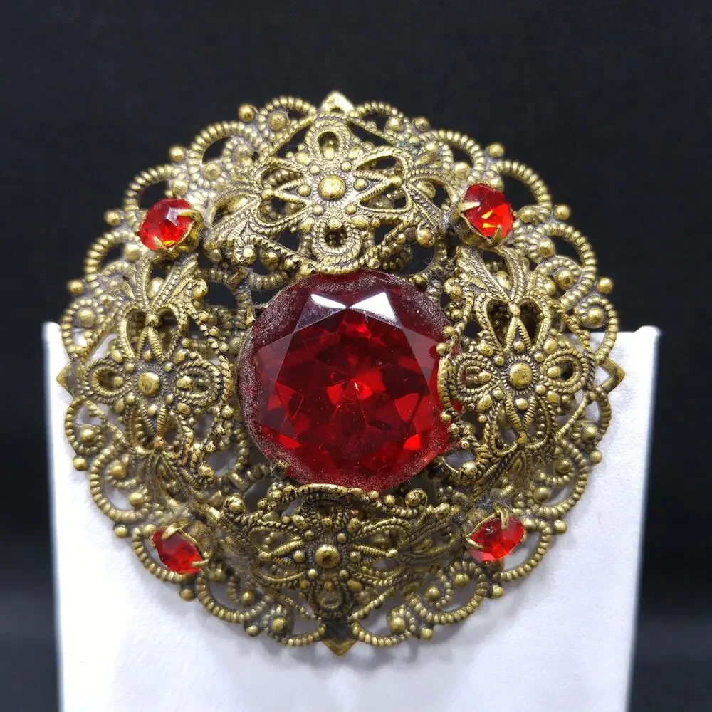 Red Rhinestone Filigree Brooch, Unmarked Germany or Czech, 1940s Vintage Jewelry