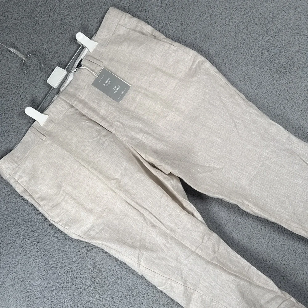 H&M Linen Pants Mens 46x30 Slim Fit Cropped Tan Summer Trousers Beach Resort