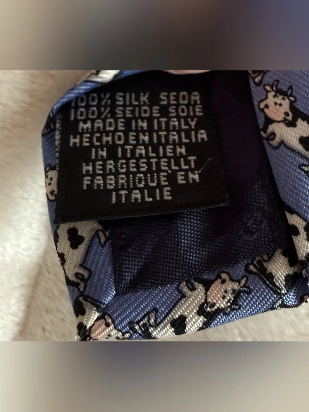 Beaufort Tie Rack 100% Silk Cow Print Novelty Tie Made in Italy Blue Necktie