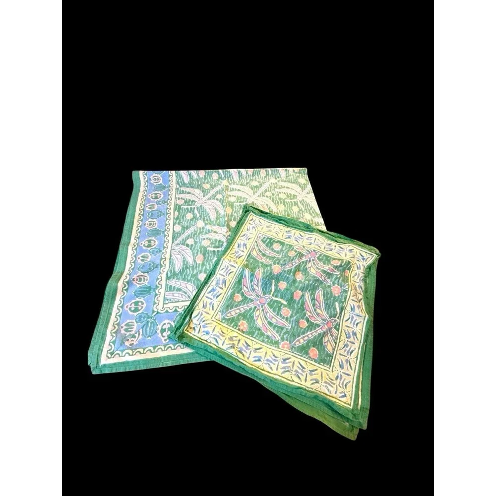 Vtg Tablecloth & Napkin Set Dragonfly Pastel Print by Pomegranate 55
