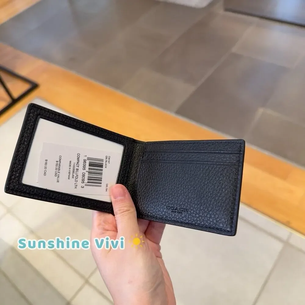 NWT Coach Compact Billfold Wallet Gunmetal/Black Refined pebble leather cm167