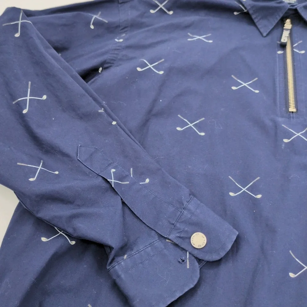 Polo Golf Ralph Lauren Shirt Large Navy Blue Half Zip All Over Print Golf Clubs