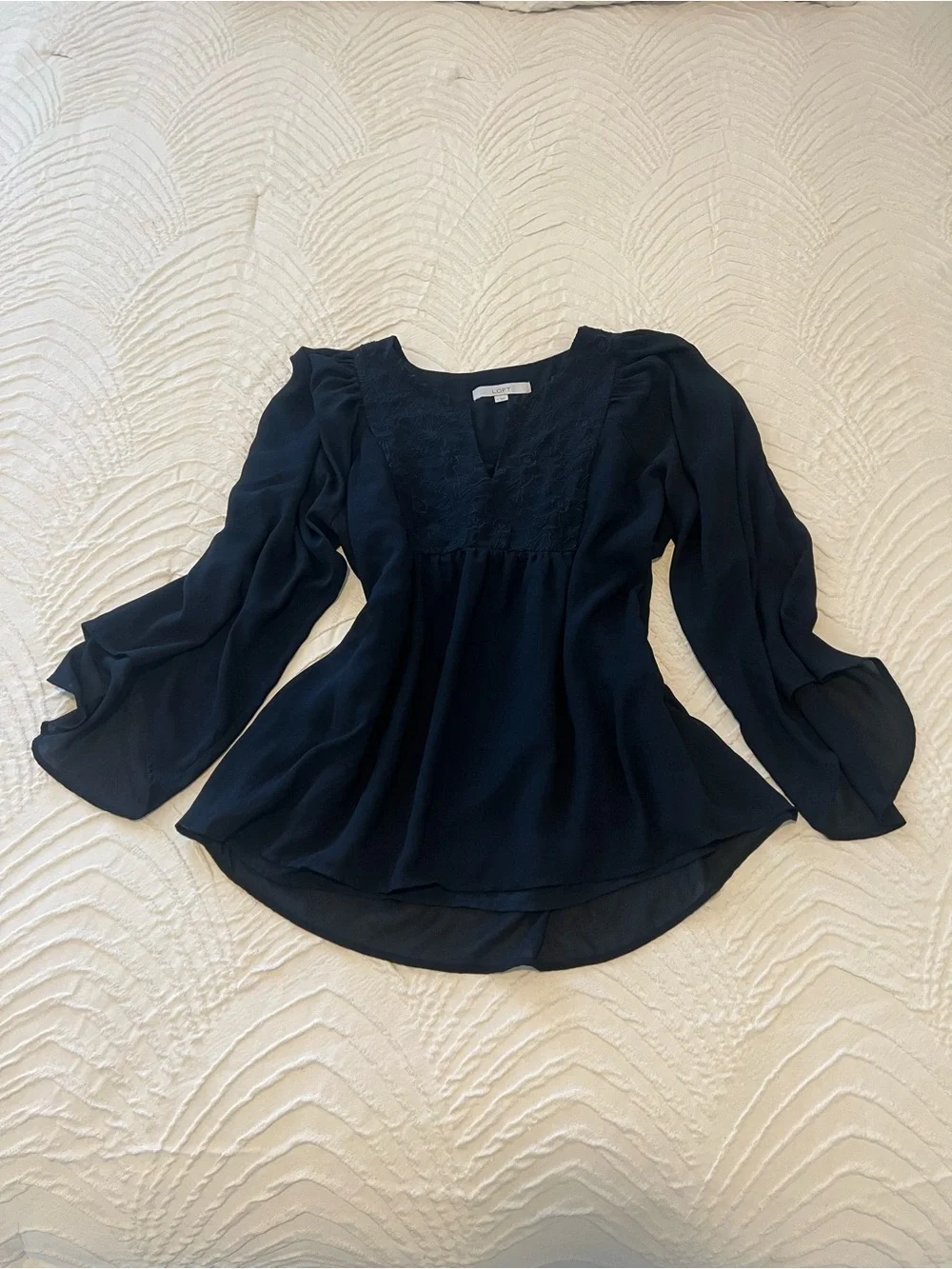 LOFT Navy Long-Sleeve V-Neck Peasant Blouse