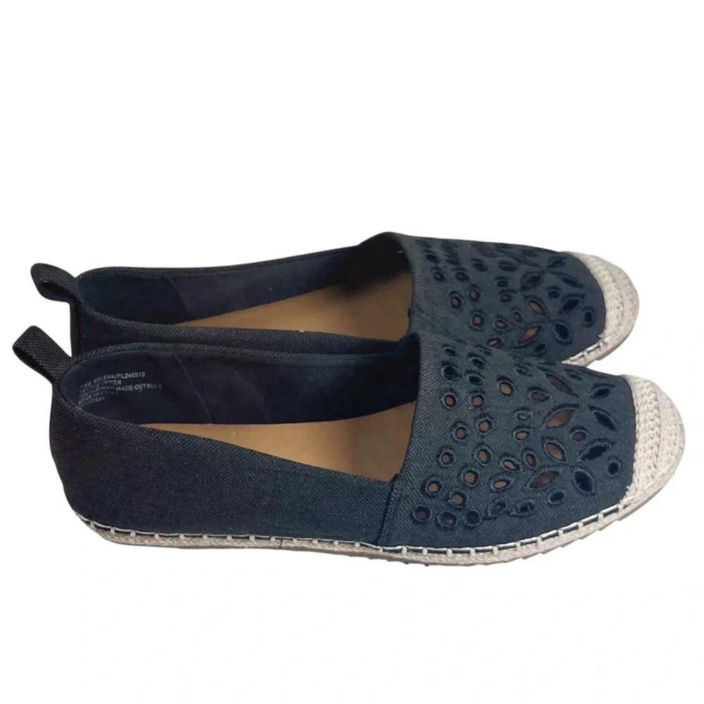Tommy Bahama Selena Eyelet Espadrille Flats in Black and Tan Sz 7.5 EUC Summer