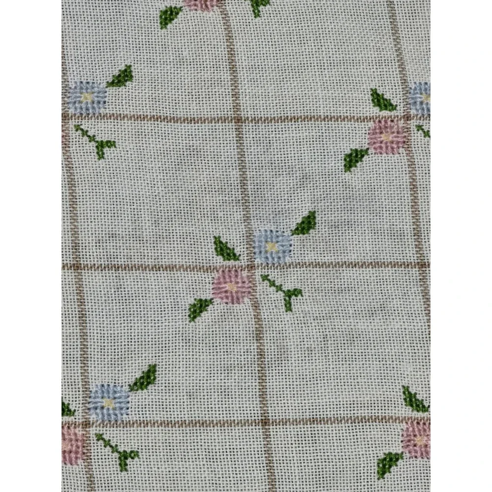 Floral Embroidered Tablecloth OS White pink blue Vintage Cross Stitch Grid