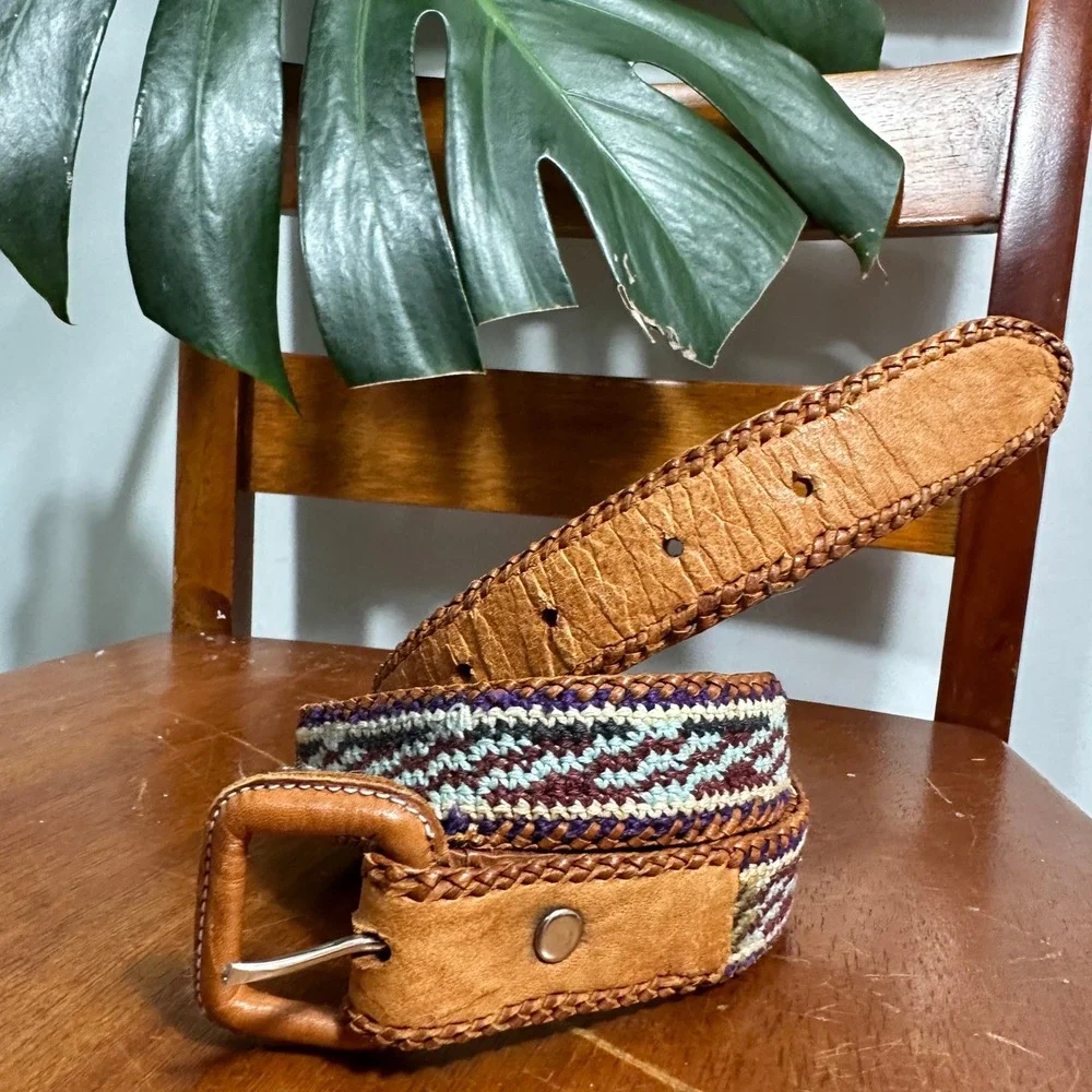 Woven Leather Belt Unisex 38 Brown Good‎ Boho Geometric Guatemala