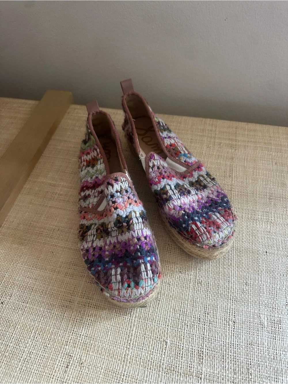 Sam Edelman Multicolor Woven Espadrille Slip-Ons with Pink Trim