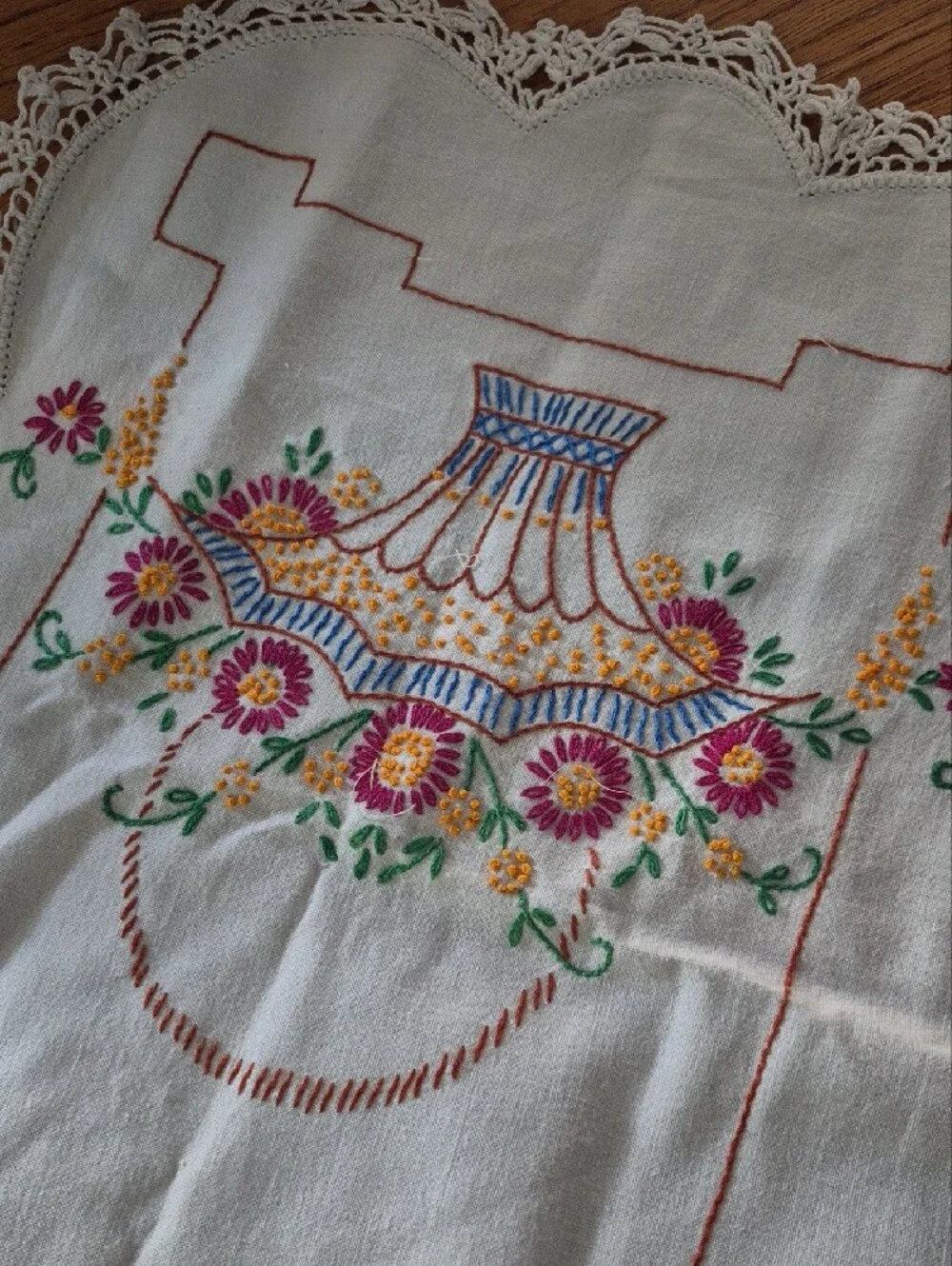 Embroidered Floral Basket Table Runner - White with Purple & Yellow