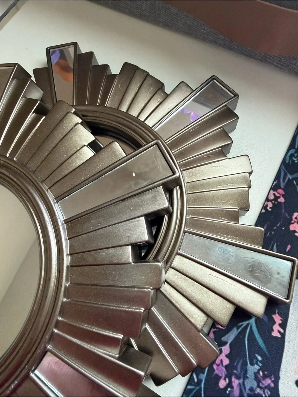 Decorative Sunburst Wall Mirror Pair in Metallic Gray