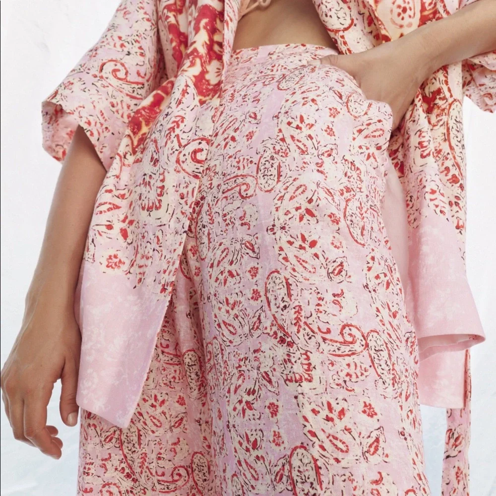 ZARA WIDE-LEG PRINTED LINEN BLEND‎ TROUSERS