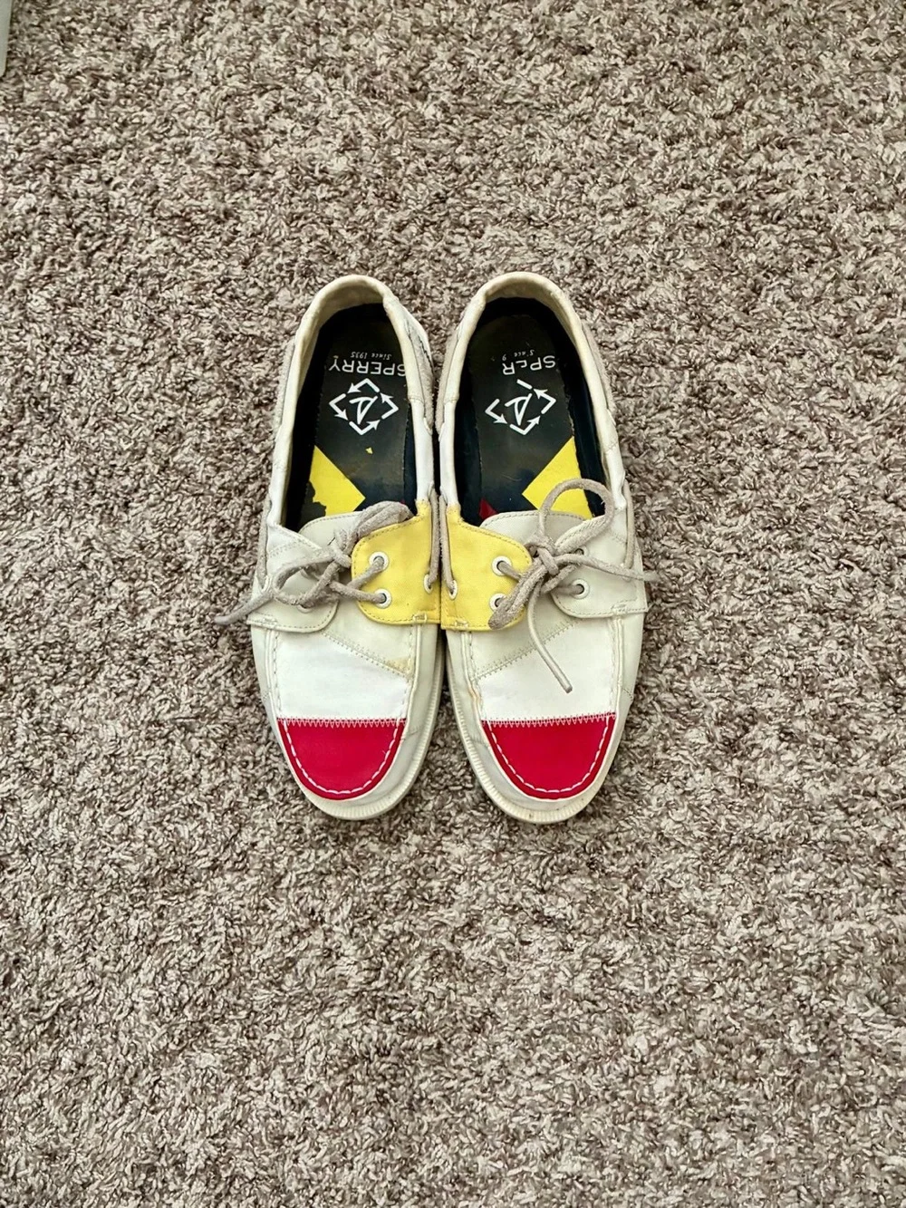 Sperry White Boat Shoe with Red Toe and Navy Side Accents, size 9.