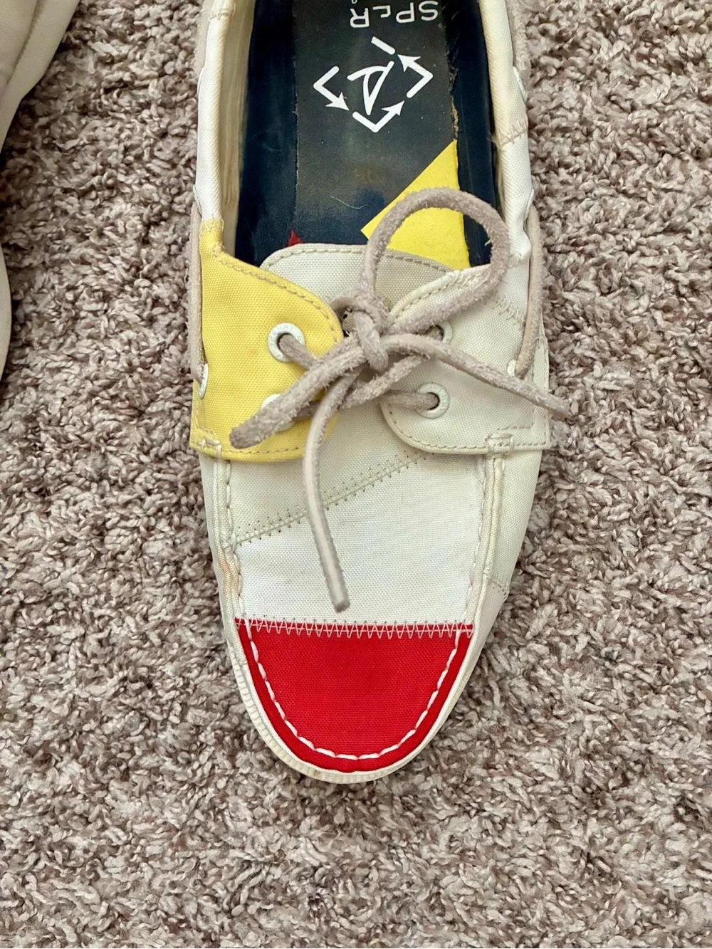 Sperry White Boat Shoe with Red Toe and Navy Side Accents, size 9.