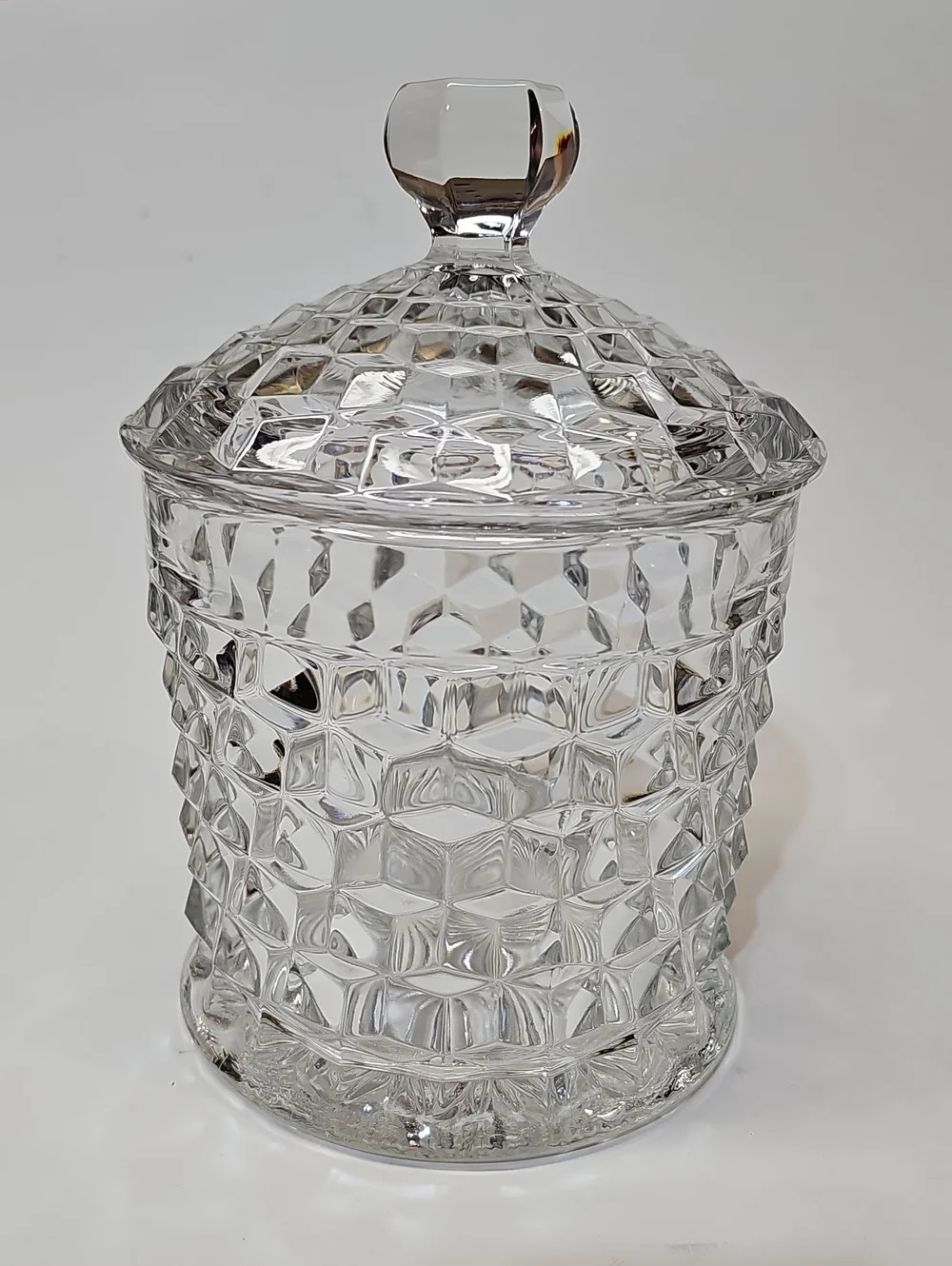 Vintage Fostoria American Clear Cube Motif Pressed Glass Cookie Jar & Lid