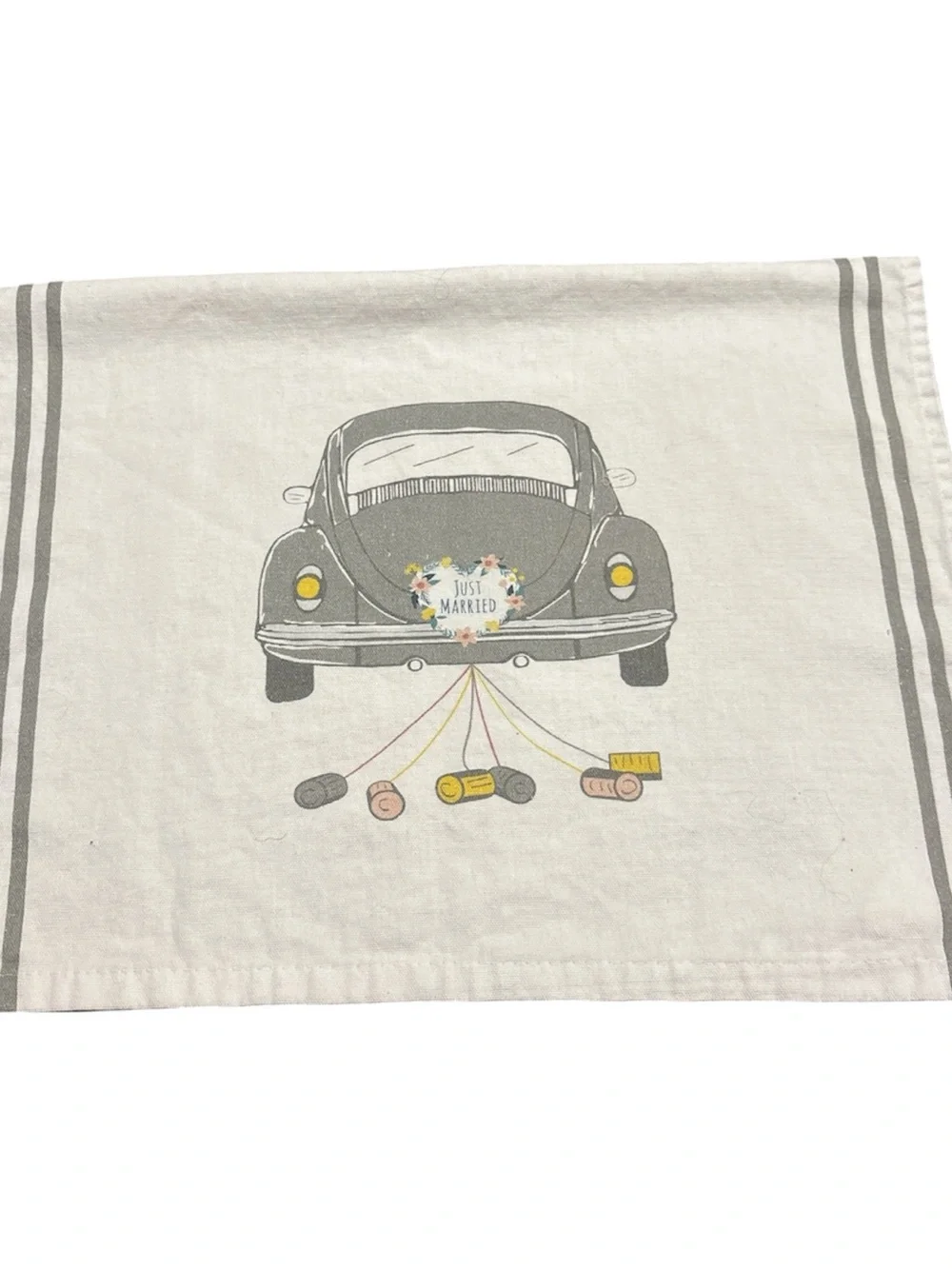 Vintage Just Married Tea Towel - Gray and Cream with Yellow Accents