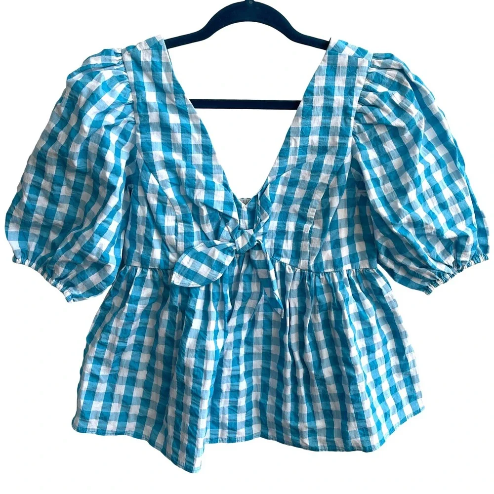 Lilly Pulitzer Sarafina Top Womens 2 Turquoise Gingham‎ Puff Sleeve Smocked NWT