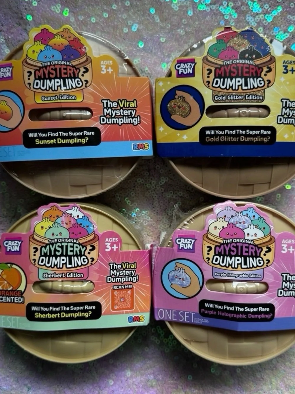 Five Below Mystery Squishy Dumpling Bundle Holographic Glitter Sherbert Sunset