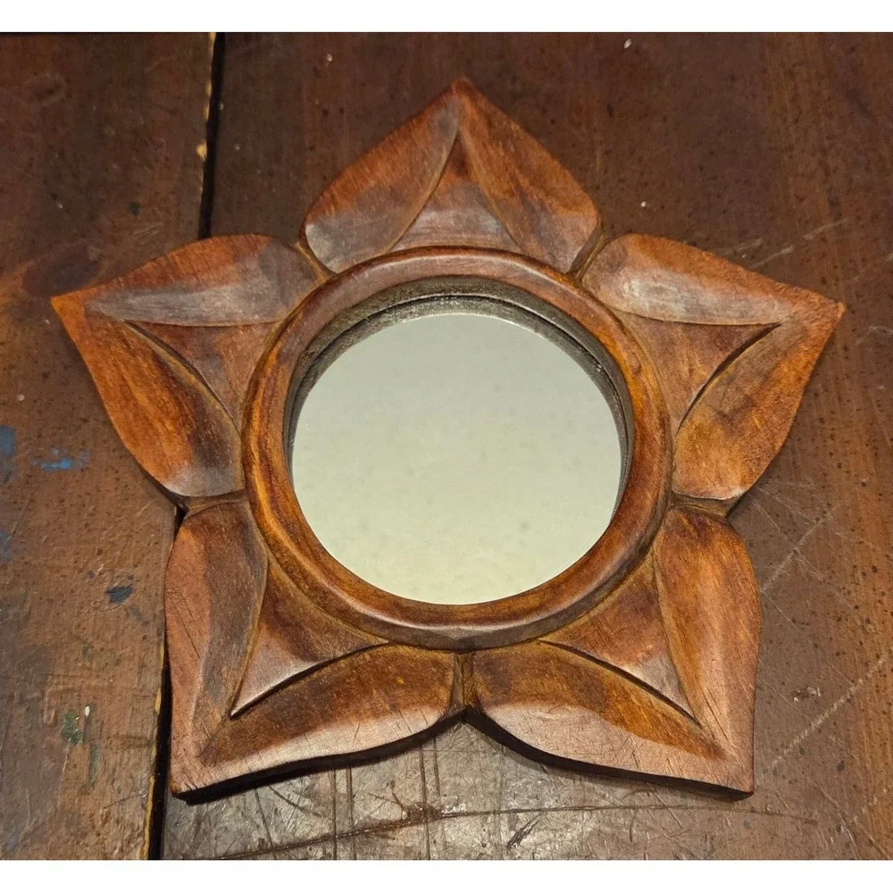 World Market Star Mirror 8.5in Brown Carved Wood Boho Wall Decor Indonesia