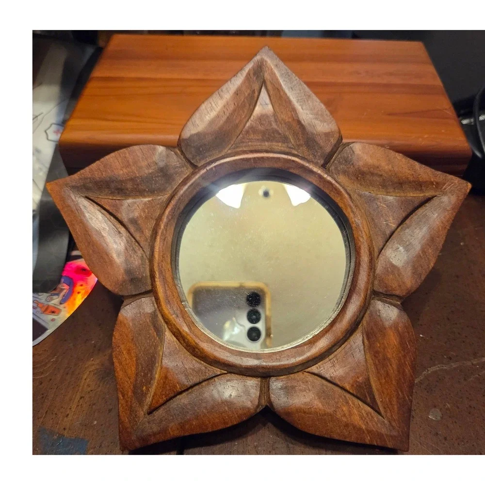World Market Star Mirror 8.5in Brown Carved Wood Boho Wall Decor Indonesia