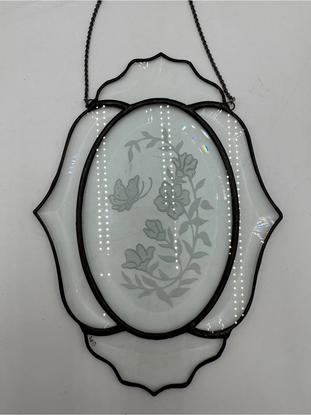 Vintage Leaded Stained Glass Hanging Suncatcher Etched Floral Oval Window Panel
