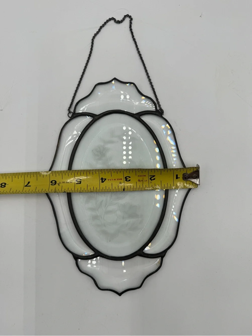 Vintage Leaded Stained Glass Hanging Suncatcher Etched Floral Oval Window Panel