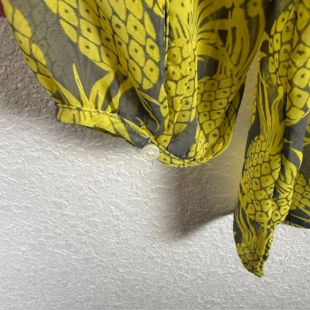 Banana Republic Pineapple Print Blouse Keyhole Top Sheer Yellow Medium