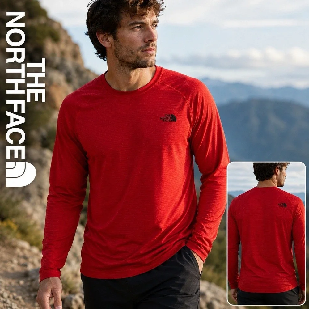The North Face Mens FlashDry Long Sleeve Running Hike Shirt Mens M Red Outdoor