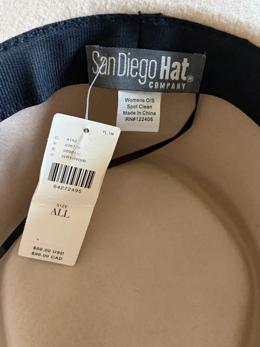 NWT San Diego Hat Company Womens One Size Beige Wool Felt Adjustable Fedora Hat