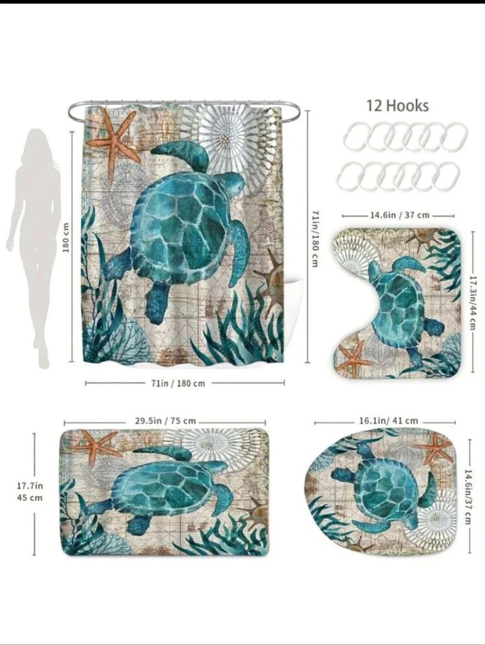 Seaside Turtle Bathroom Set - Teal Shower Curtain & Rugs HOOKS INCLUDED