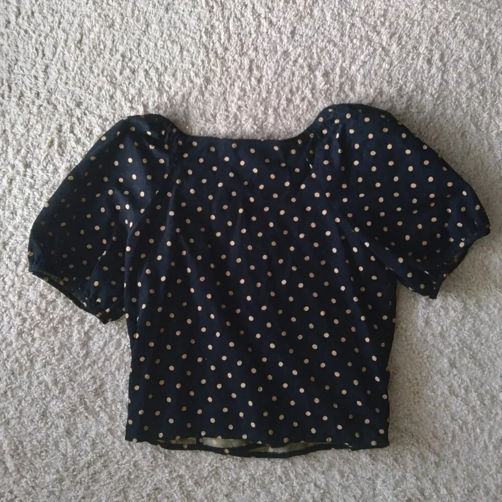 Madewell Black Corduroy Velvet Puff Sleeve Wrap Top with Orange Polka Dots XS