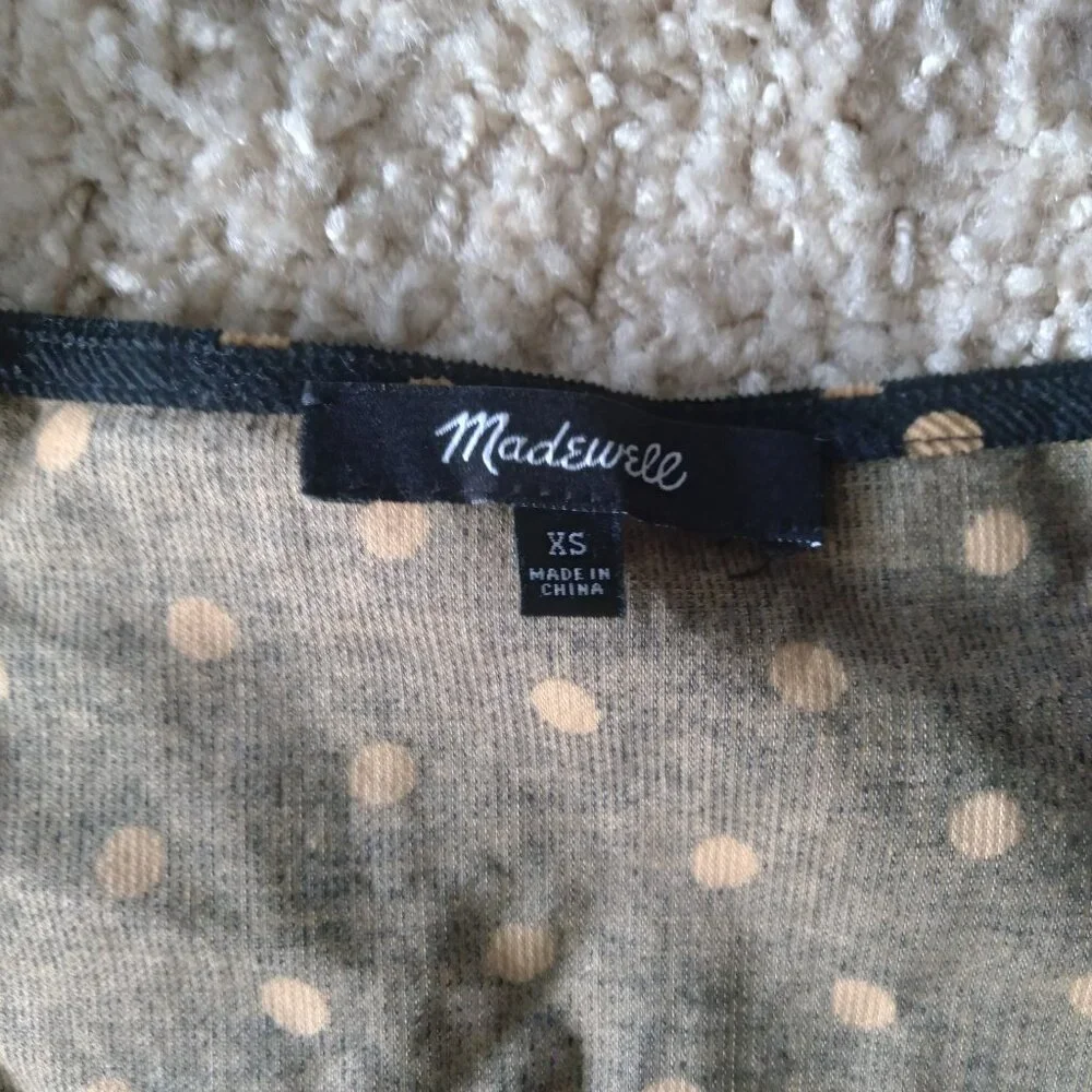 Madewell Black Corduroy Velvet Puff Sleeve Wrap Top with Orange Polka Dots XS