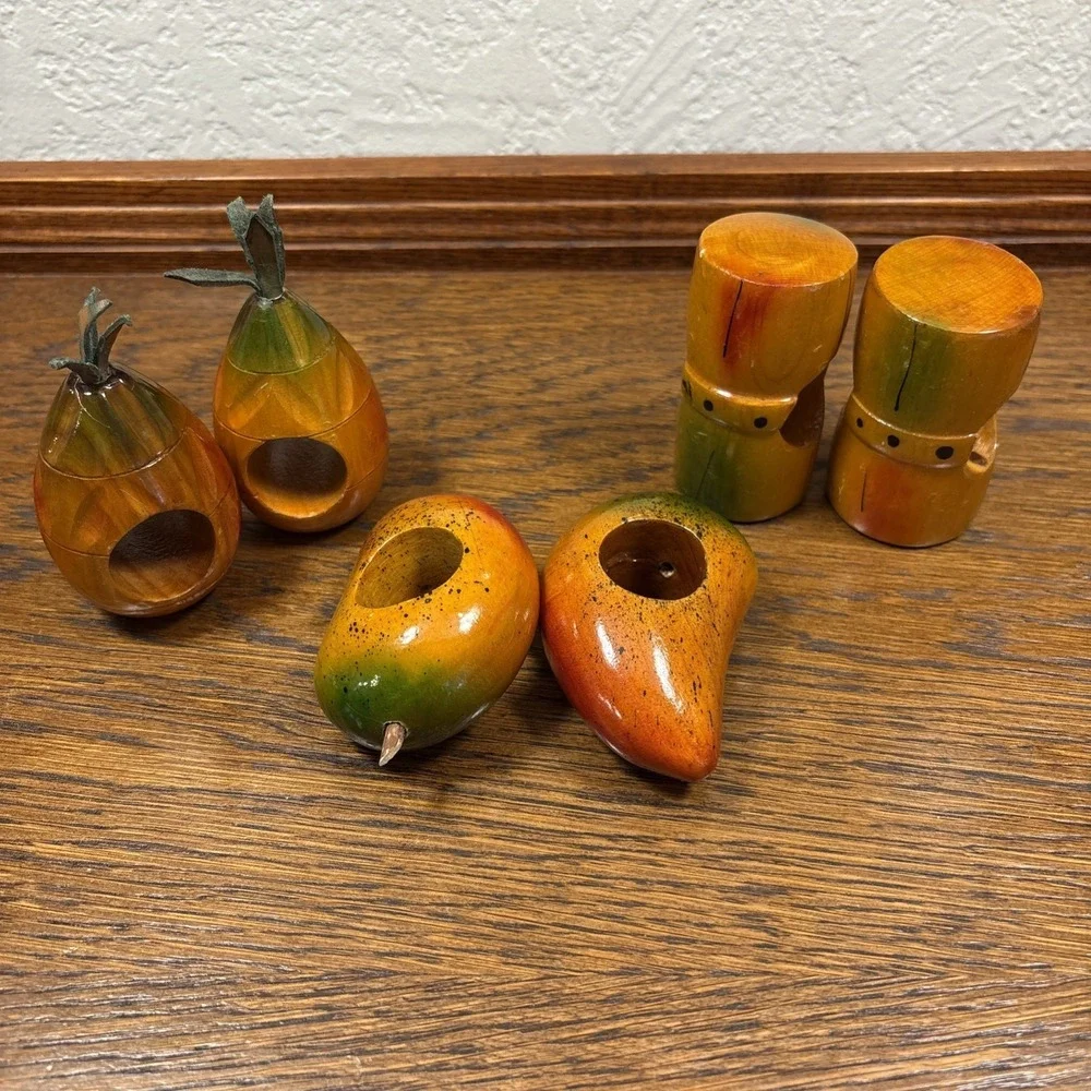 Set Of 6 Vintage Wood Carved Tropical Fruit Napkin Rings Pineapple Mango