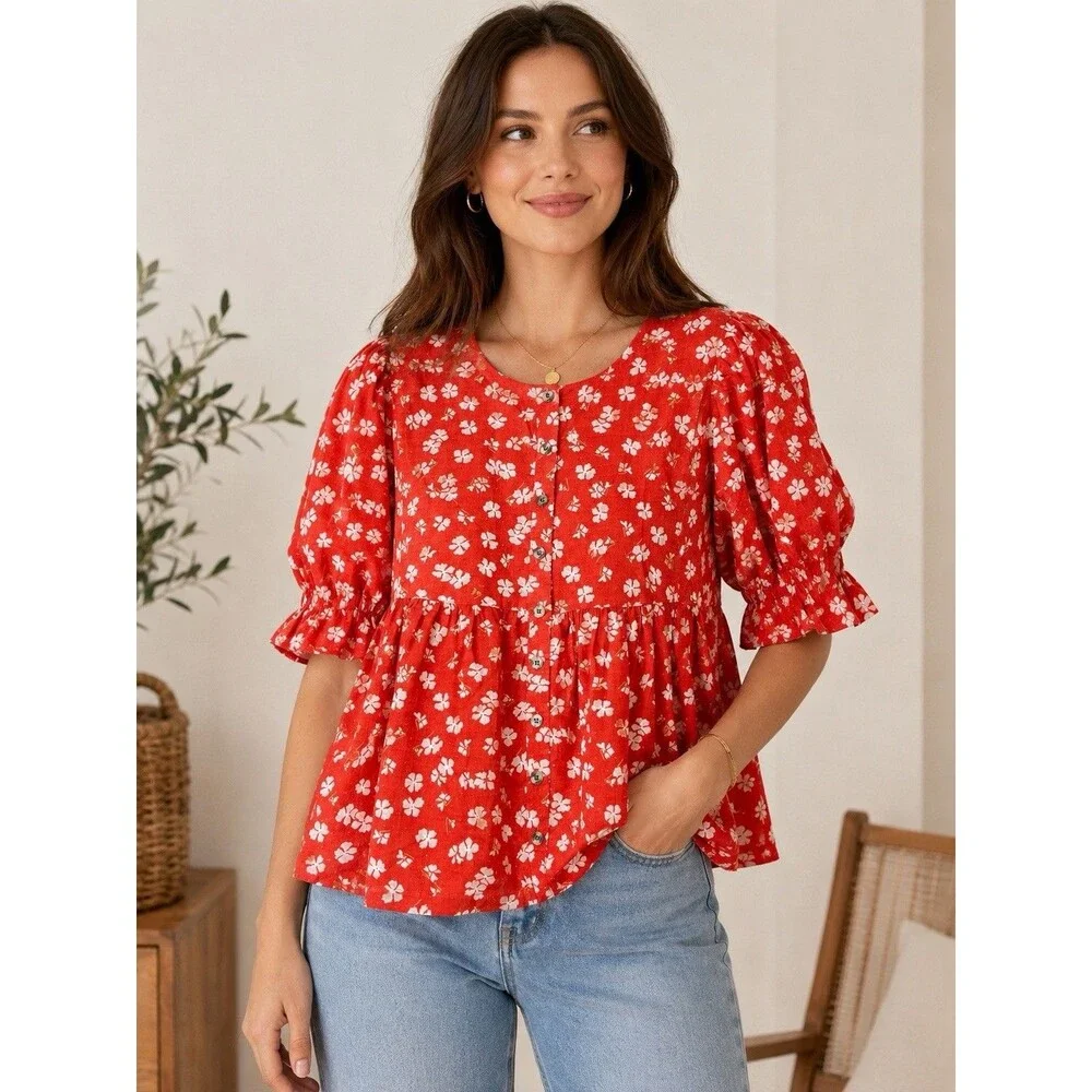 Madewell Puff-Sleeve Button-Front Top Womens Small Swiss Dot Happy Hibiscus