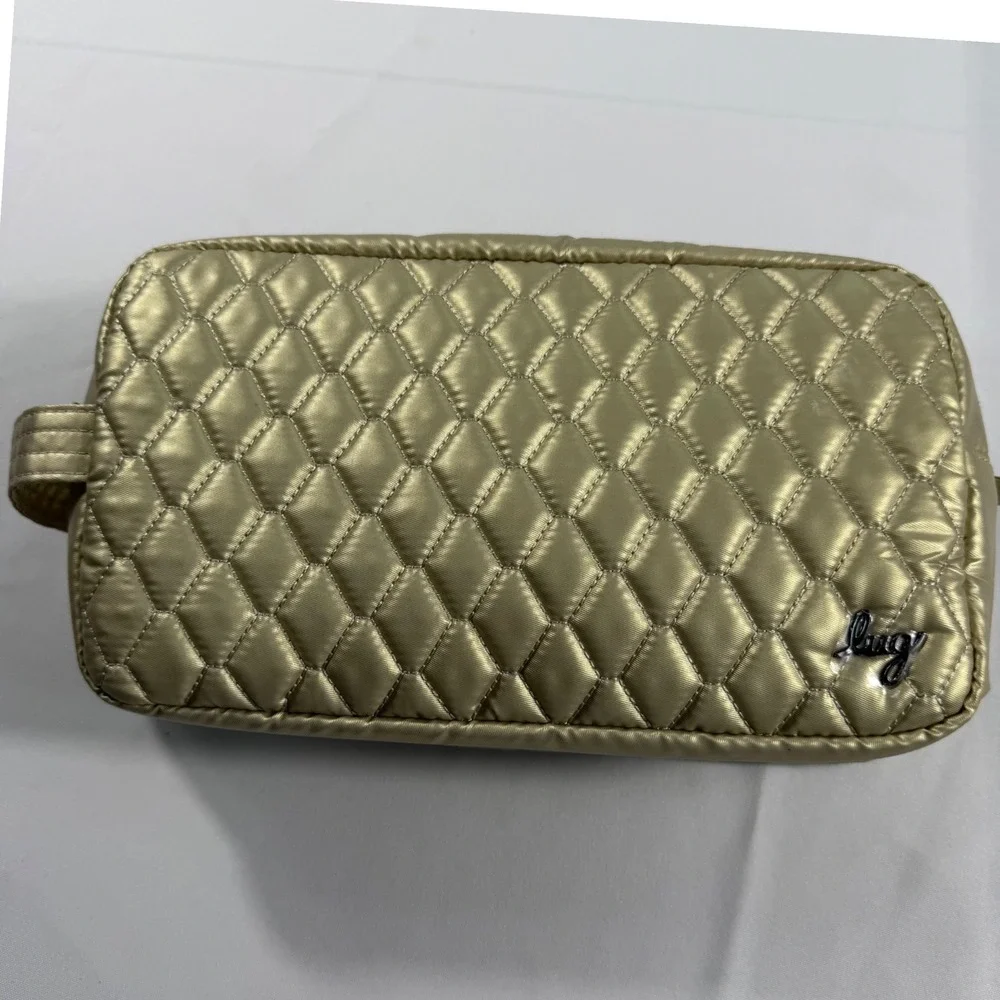 Lug Quilted Cosmetic Bag Metallic Champagne Gold Floral Lining Travel Pouch