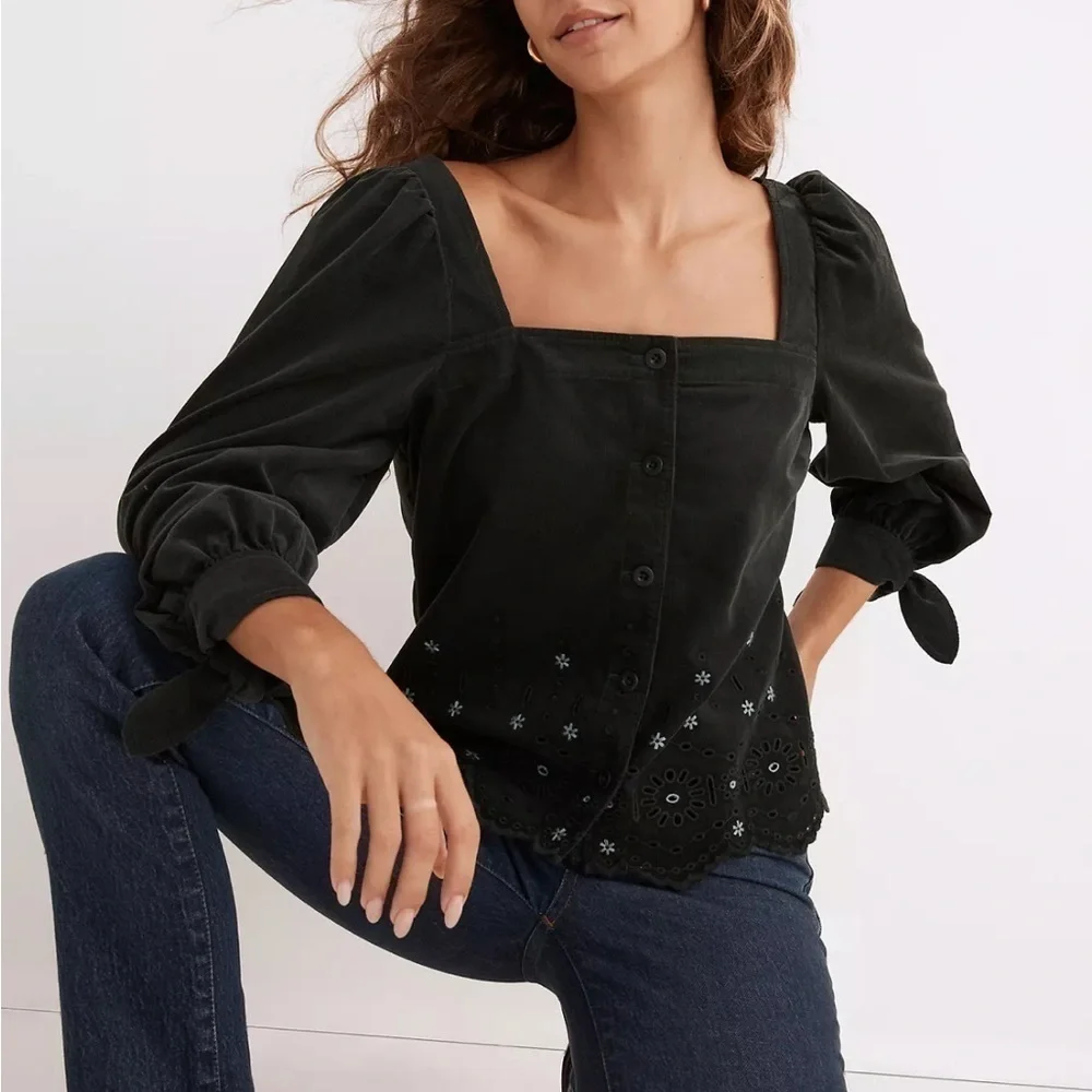 Madewell embroidered eyelet corduroy tie sleeve top dark palm