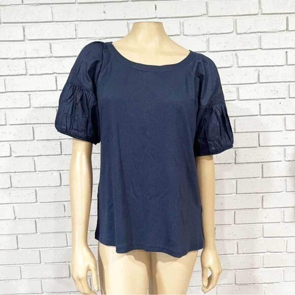 J.Crew Navy Blue Ribbed Mixed Media Puff Sleeve Scoop Neck Top |‎ Size XL