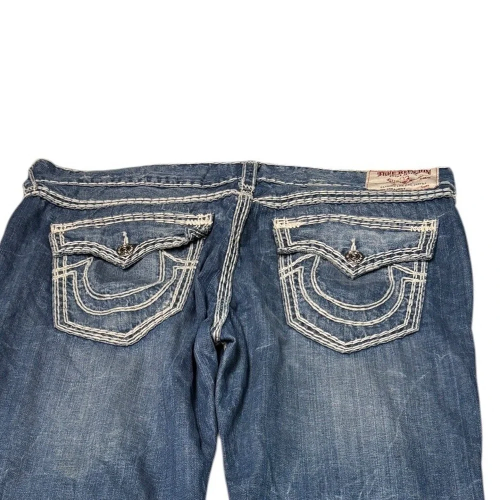 True Religion Straight Flap Natural Super QT Blue Jeans Mens 42X33 Thick Stitch